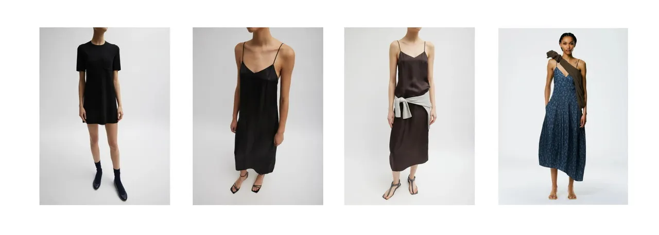 Four models displaying different styles of dresses against a neutral background.