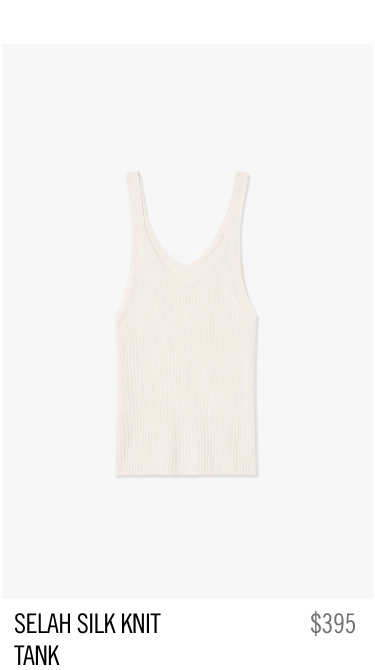 A cream-colored silk knit tank top with a V-neck.
