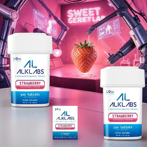 Strawberry-flavored products in a lab setting with a strawberry in focus.