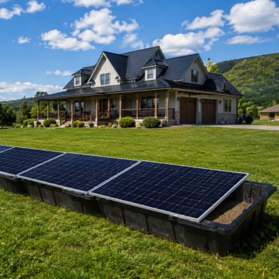 House with solar panels in a green landscape under a blue sky.