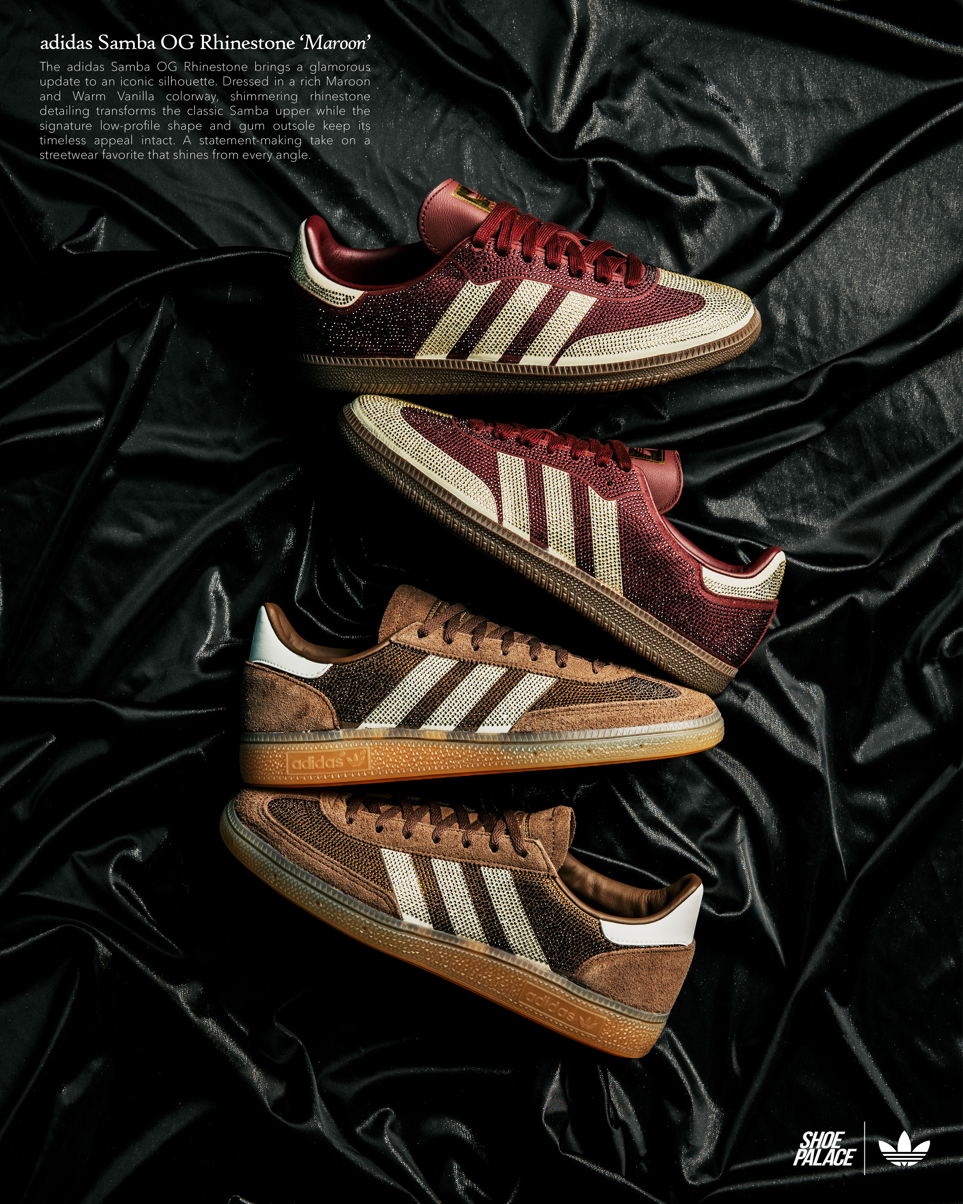 Four pairs of Adidas sneakers on a black fabric background.