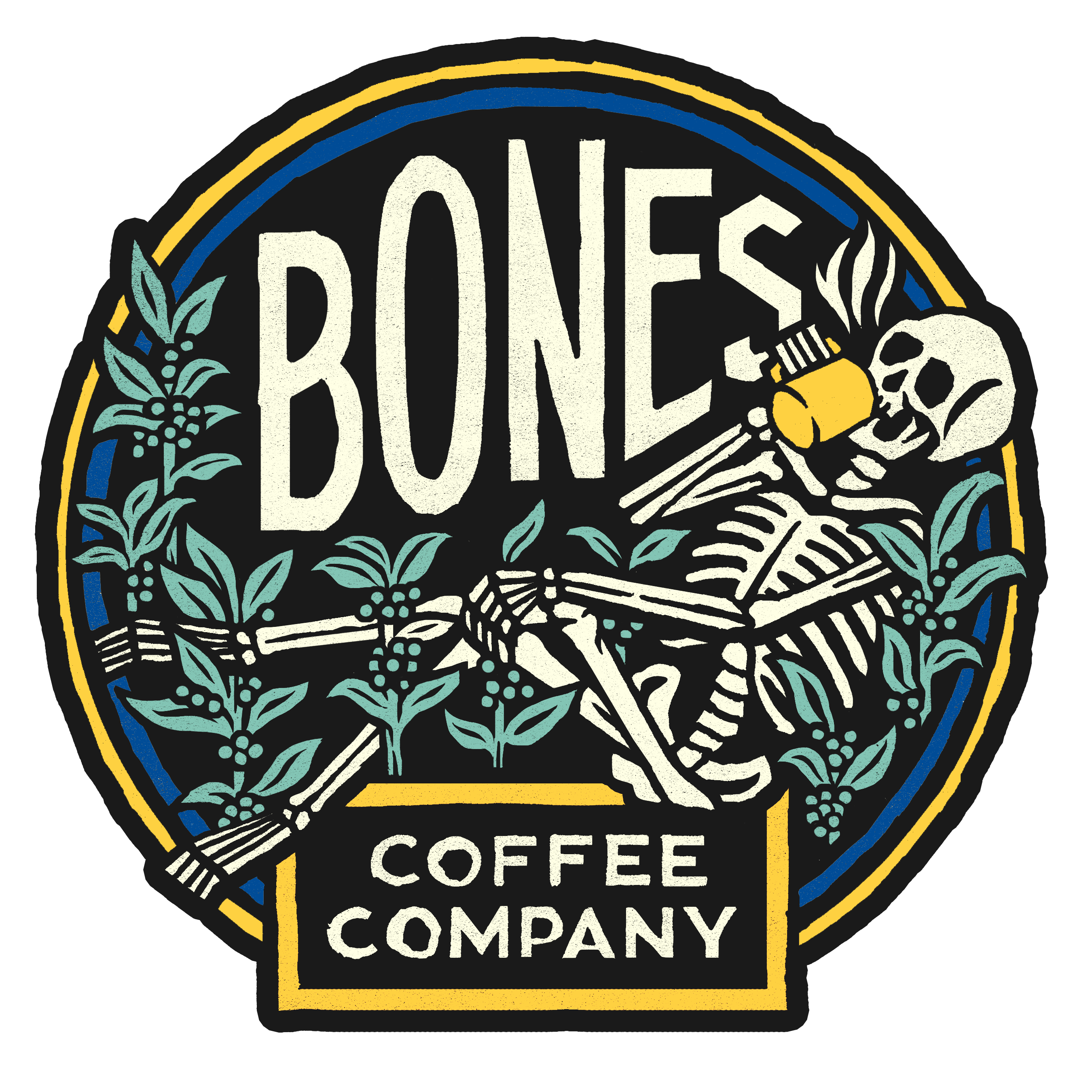 The Bones Coffee Company logo. It has a skeleton lounging in greenery drinking a cup of coffee on it.
