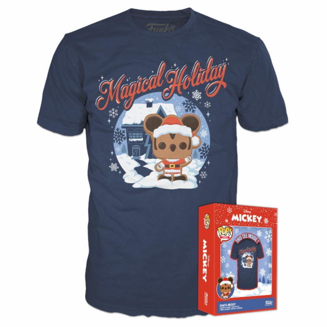 Navy holiday t-shirt featuring a character and packaged box.