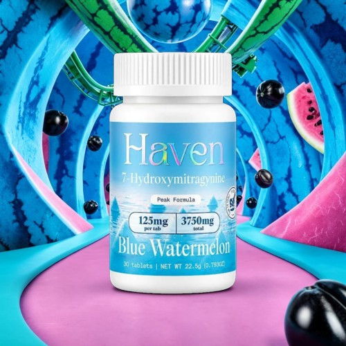 Bottle of Haven Blue Watermelon gummies on colorful background.