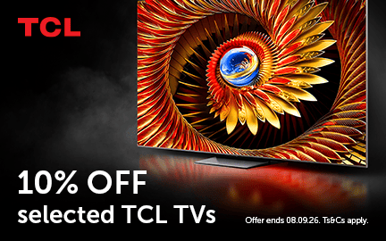 Promotion for 10% off selected TCL TVs with vibrant graphic design.