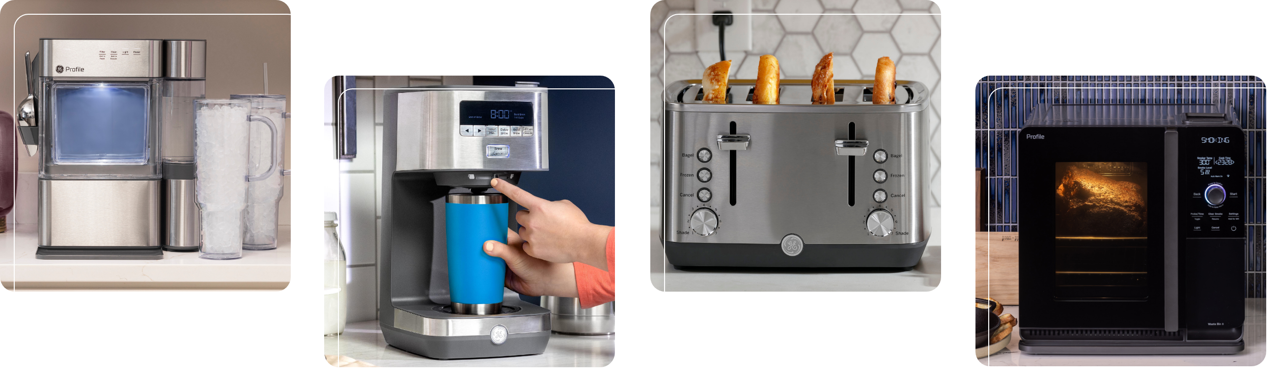 Various kitchen appliances including a coffee maker, toaster, and oven.
