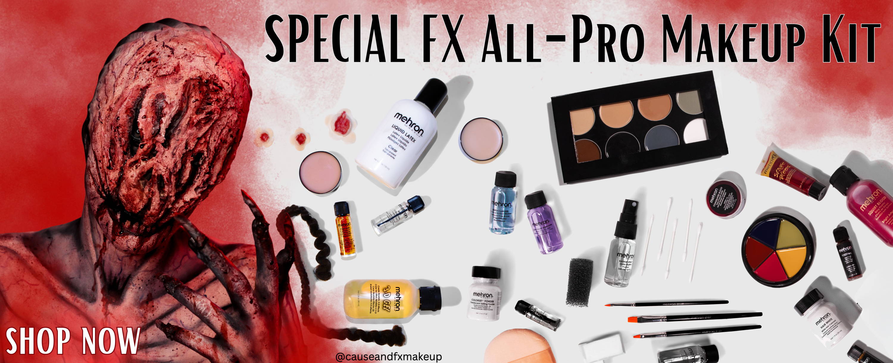 image of scary monster surrounded by special FX makeup products and title 