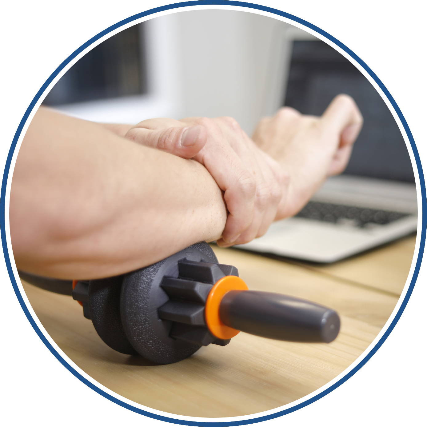 man using massage stick on wrist