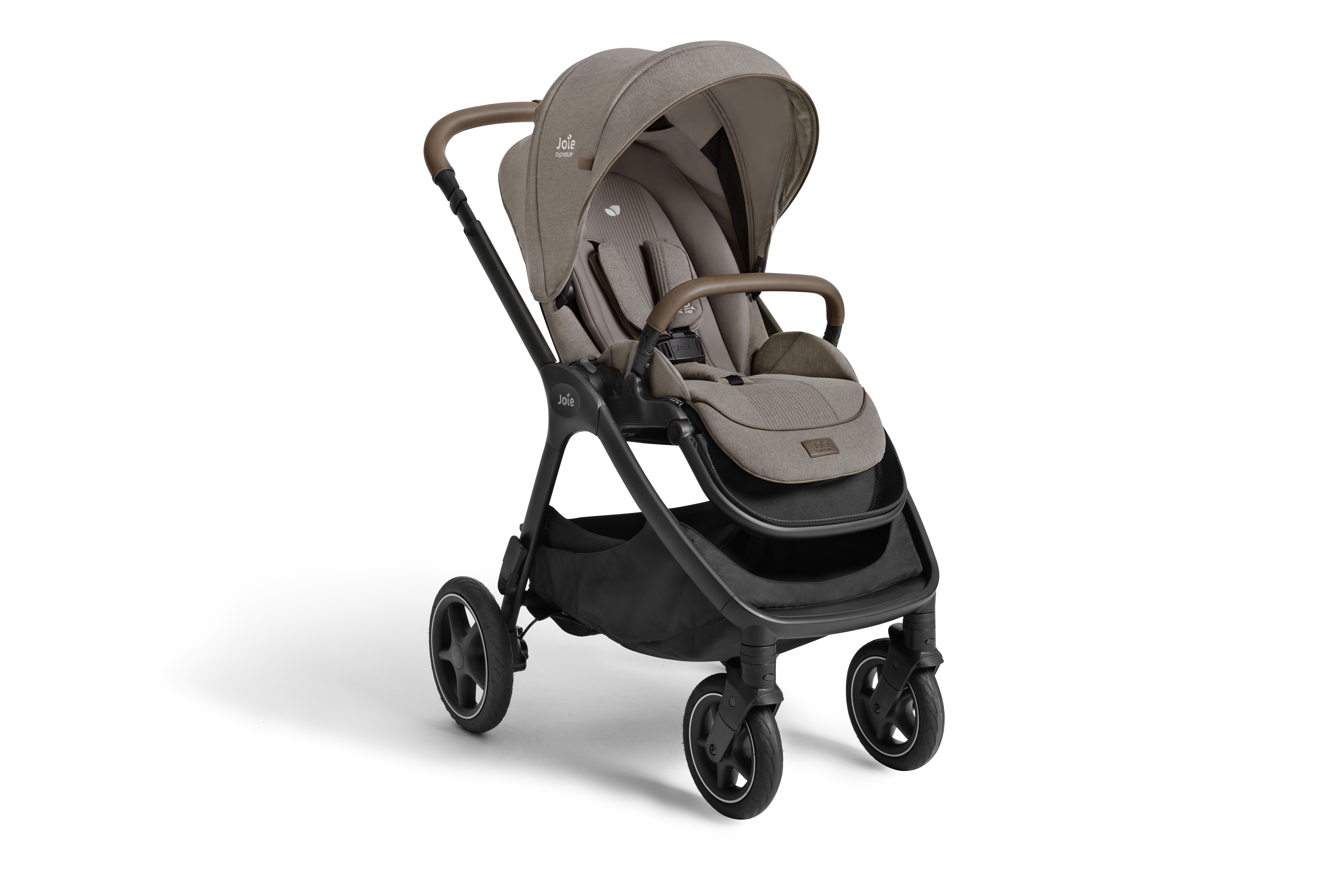 A stylish baby stroller with a brown canopy and black frame.