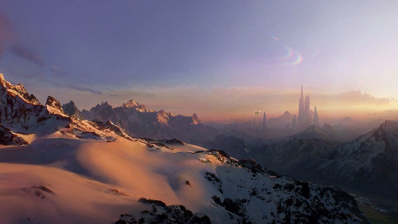 Snowy mountain landscape with a distant fantasy city at sunset.