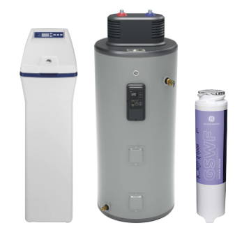 Group of products: whole home water filtration, water heater and refrigerator water filter.