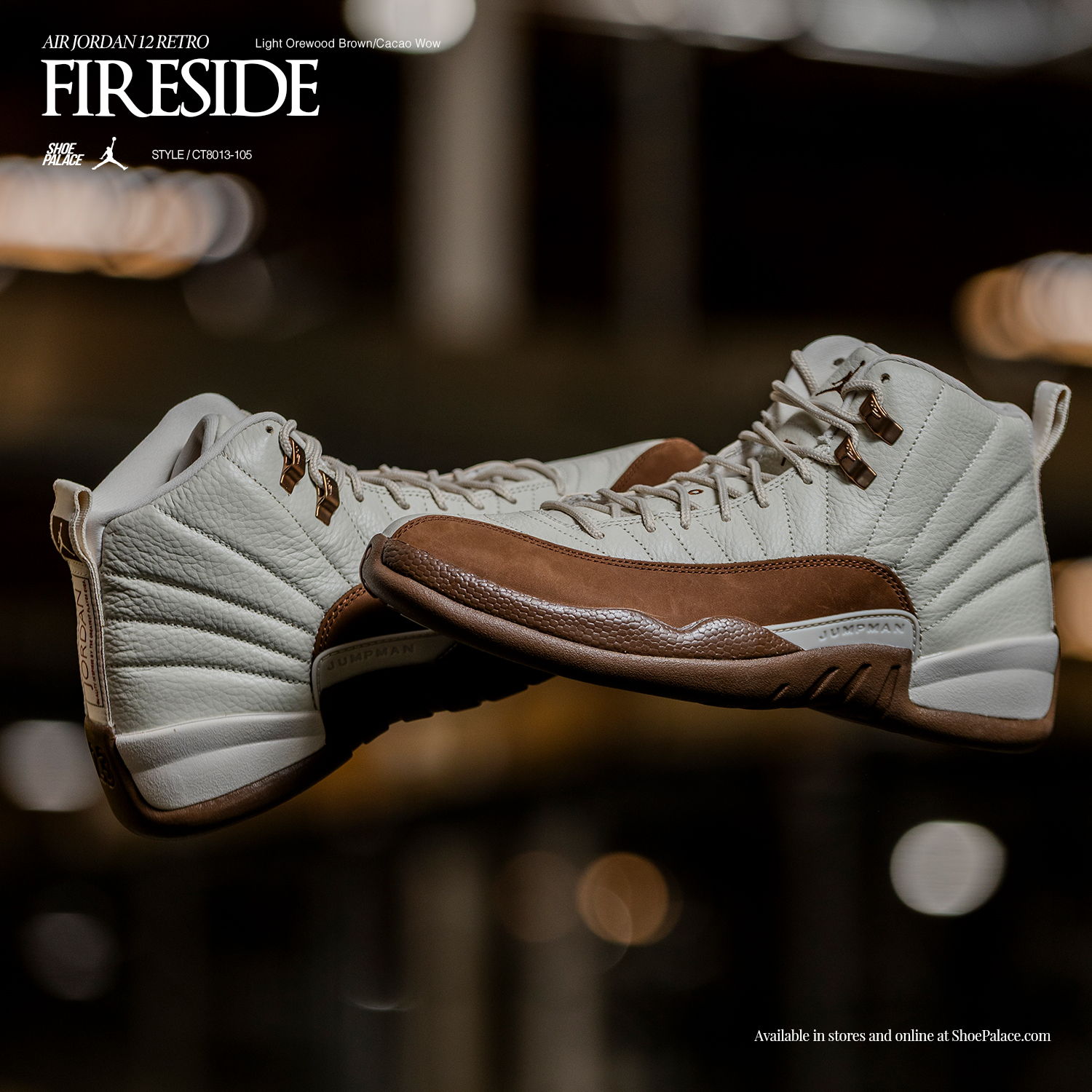 White and brown high-top sneakers displayed against a blurred background.