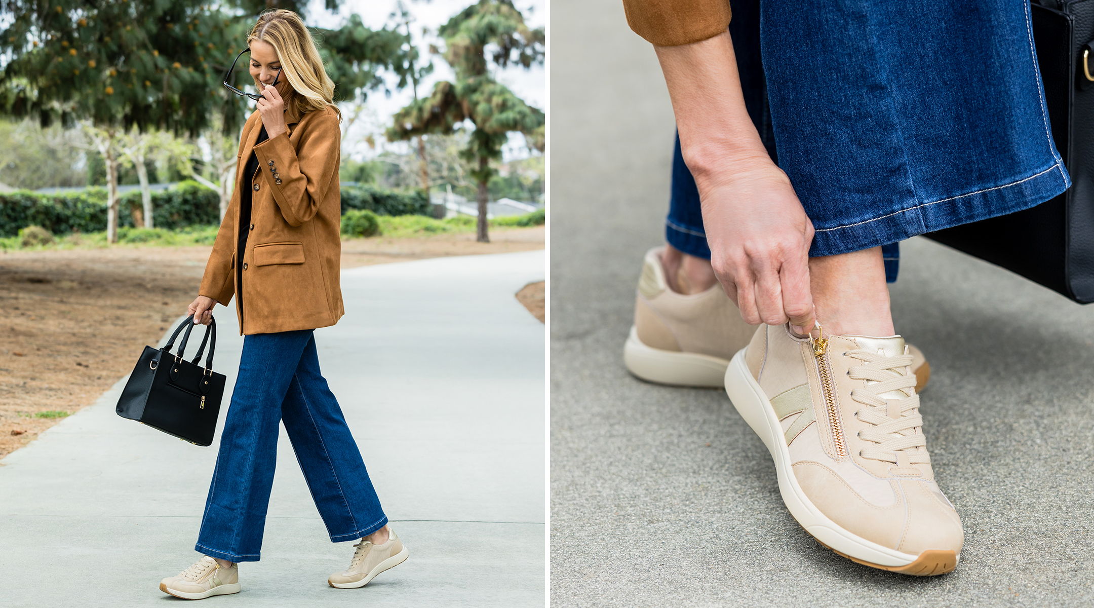 Model wearing Eazeer Beige walking shoe | Alegria Shoes