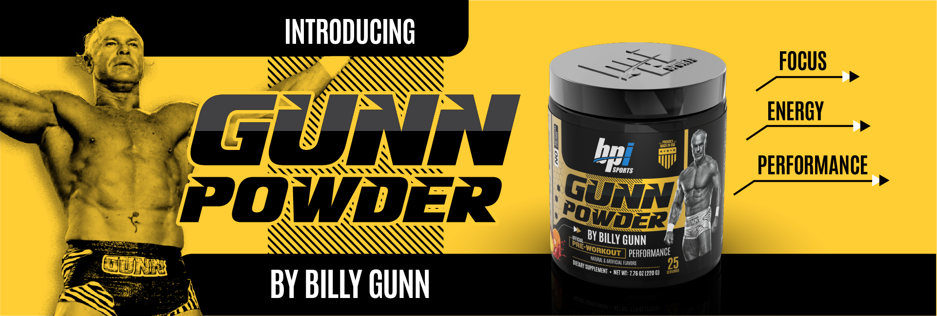 Container of Gunn Powder pre-workout with benefits and picture of Billy Gunn introducing Gunn Powder