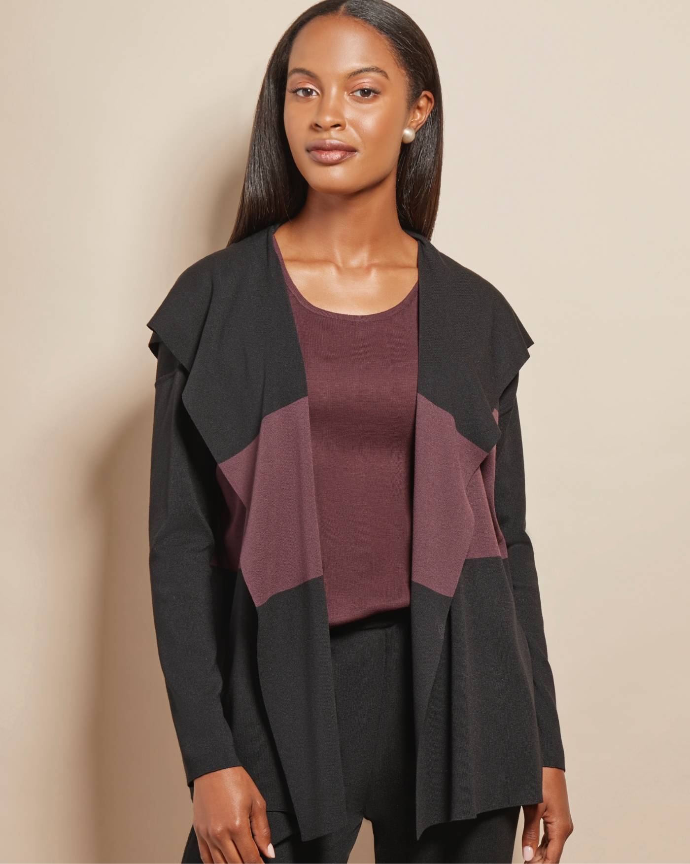 Black/Mahogany Colorblock Hooded Knit Cardigan | MISOOK