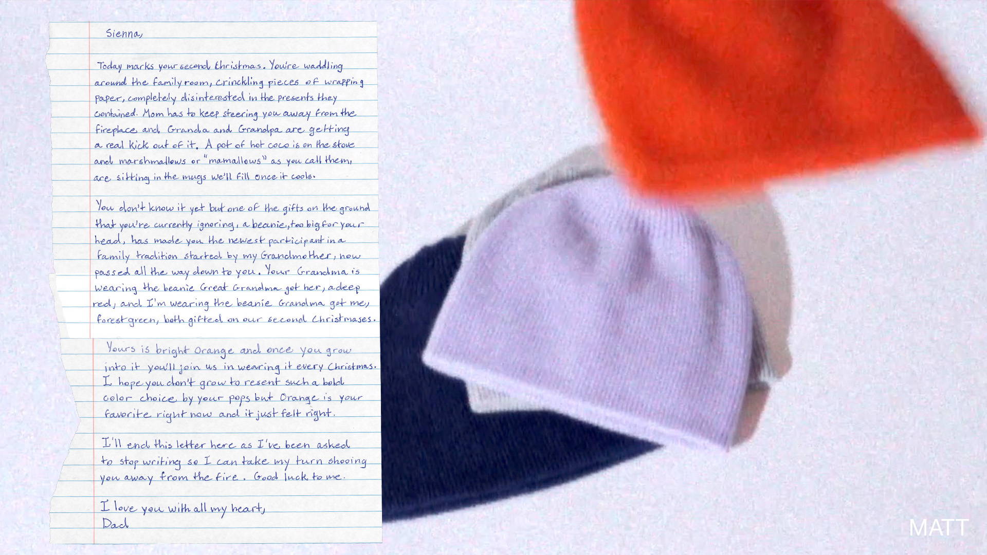 letter collaged on photo of beanies