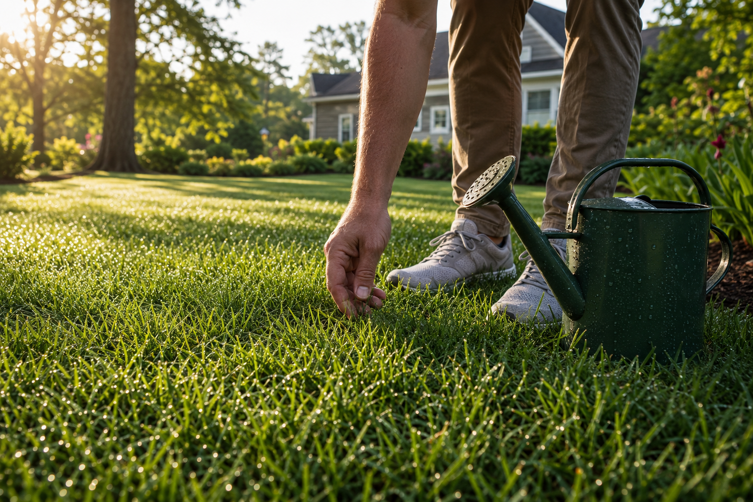 Person tending to grass with a watering can in a sunlit garden.