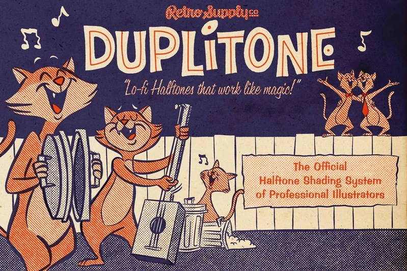 An illustration advertising RetroSupply Co. DupliTone Lo-Fi Halftones featuring five cats singing and playing instruments in an alley.