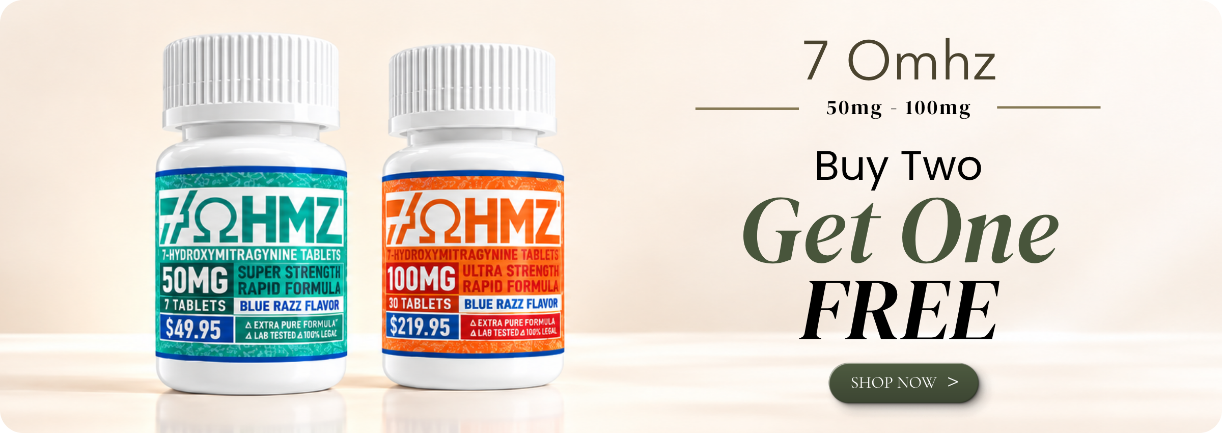 Bottles of 7 Omhz supplements with a promotional offer.