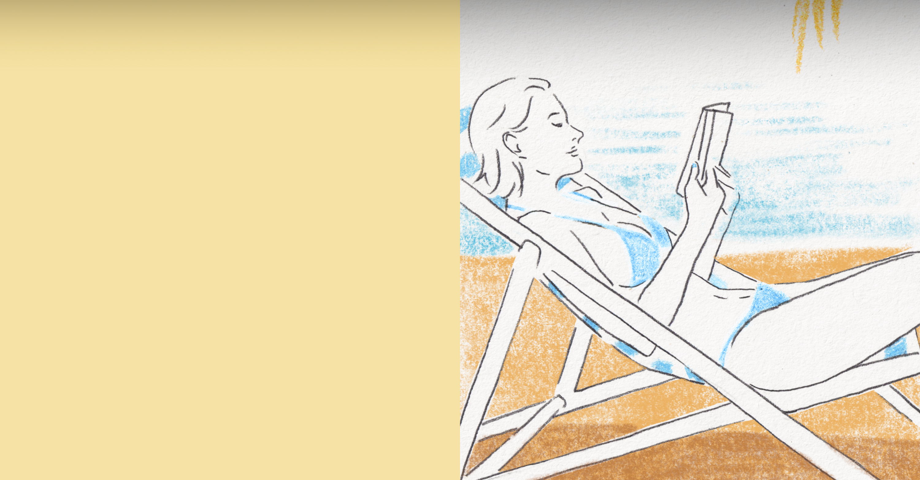 A woman in a bikini reading on a beach chair by the ocean.