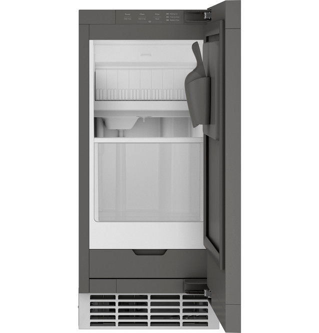 A gray refrigerator with an open door and empty shelves.