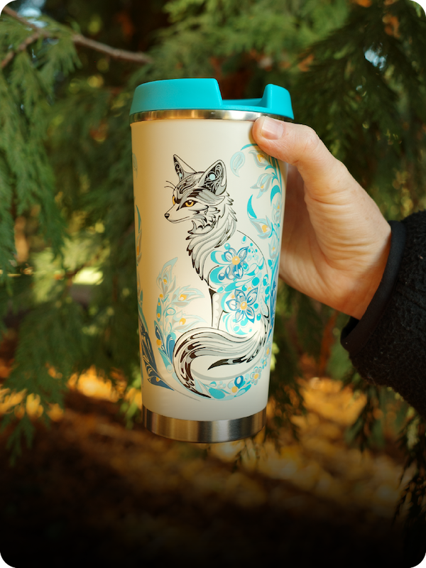 Foxy 18oz Art Travel Mug by Deanna Samuel, Ditidaht, Nuu-chah-nulth