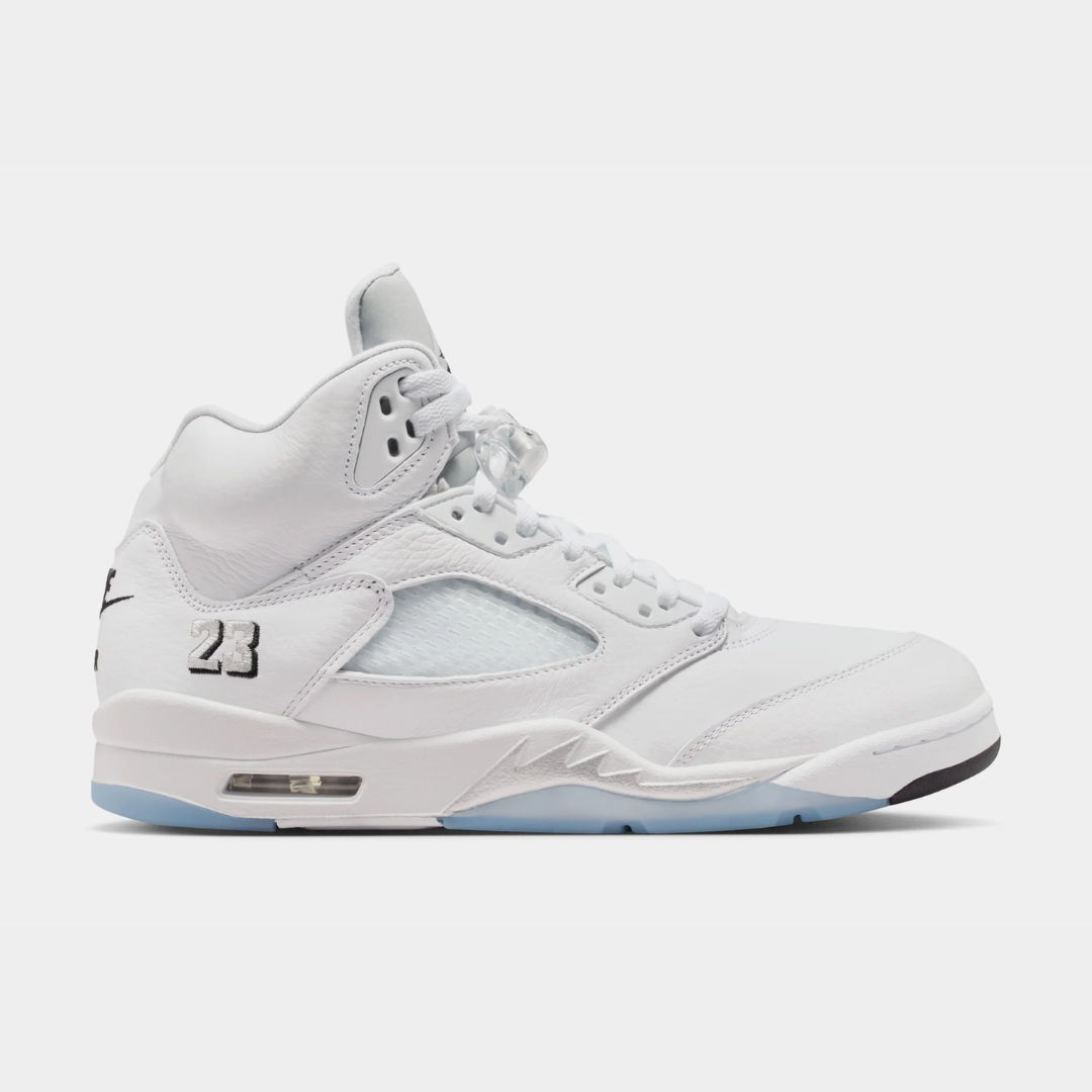 White Air Jordan 5 sneaker with icy blue sole and signature details.