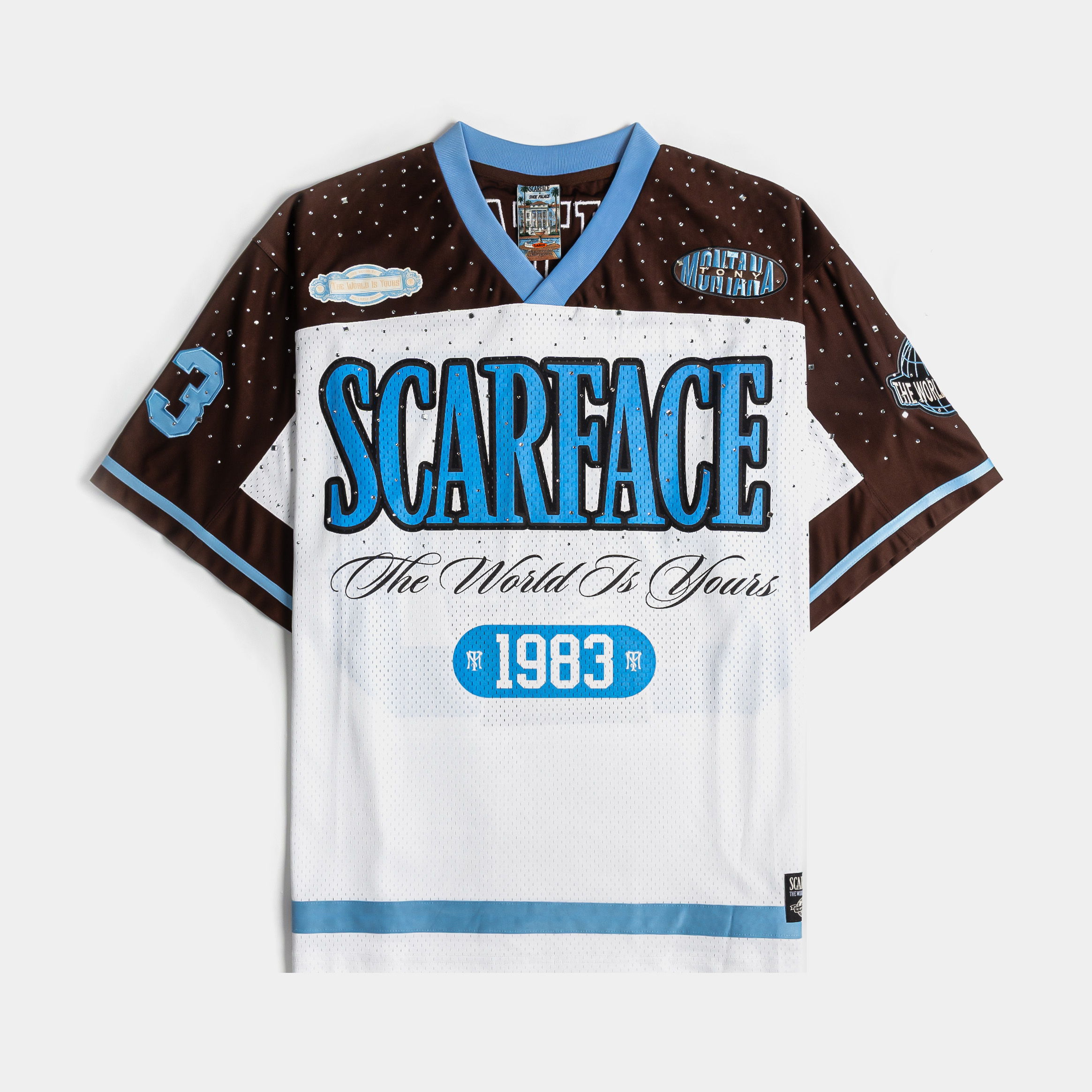 Scarface jersey featuring blue text and 1983 design elements.