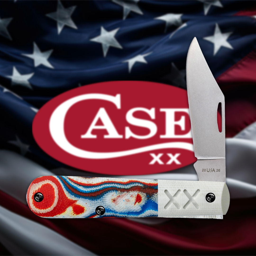 A colorful knife in front of an American flag with 