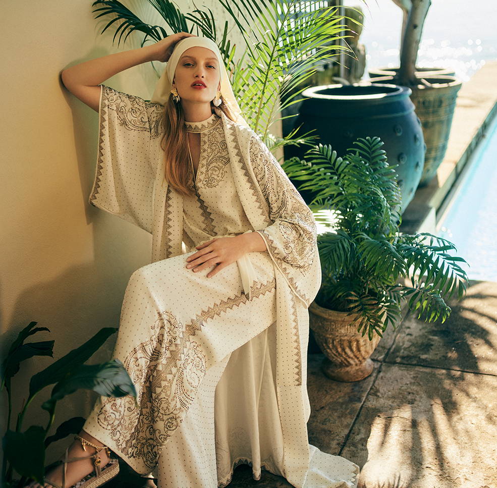 CAMILLA Luxe Cream kaftan, robe and pants, cream with gold embelishements