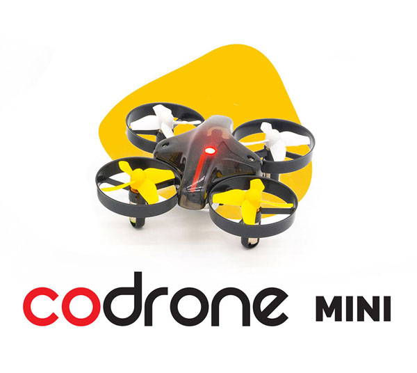 CoDrone Mini with yellow branding blob and logo
