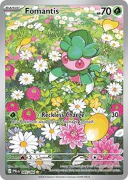 A Pokémon card featuring Formantis in a flower-filled background.