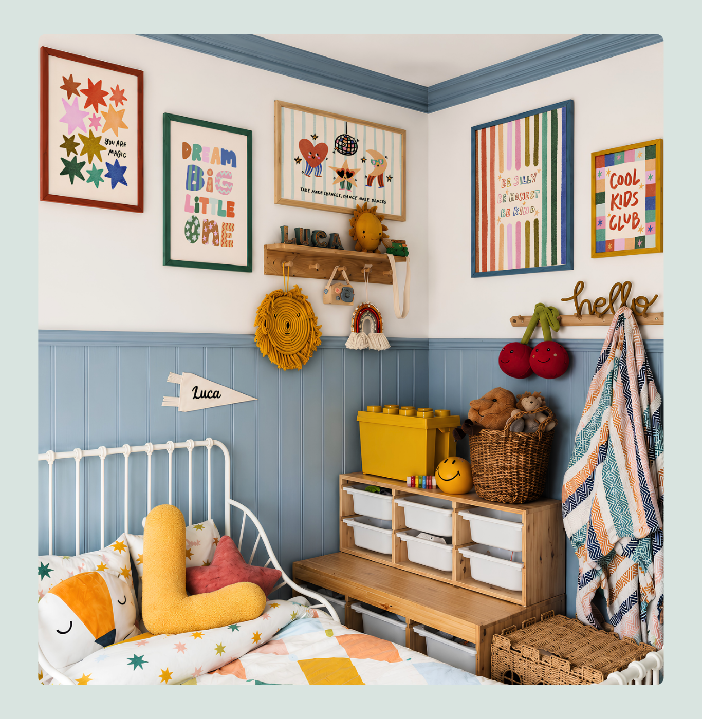A cozy bedroom corner with colorful artwork and playful decor.