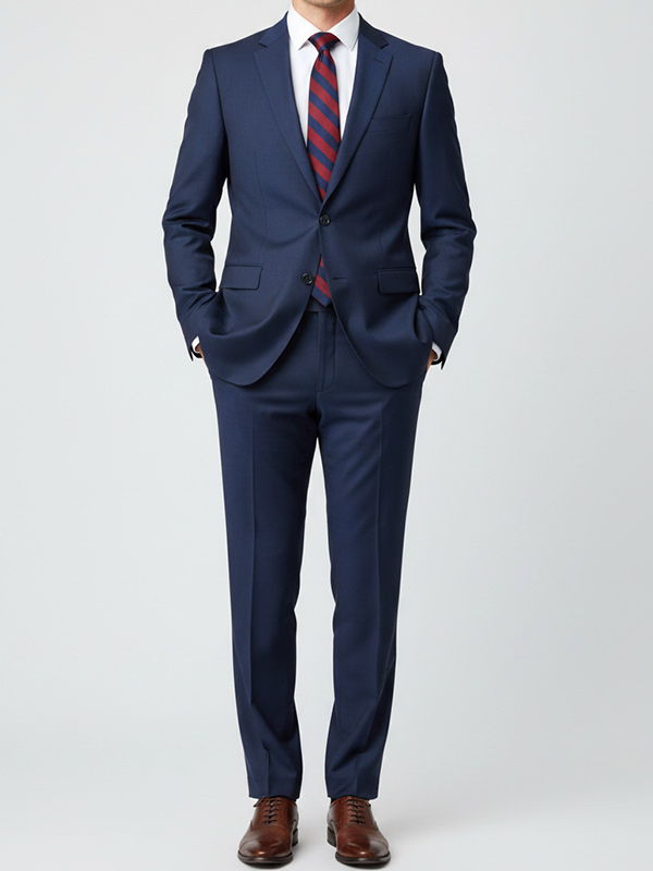 Man wearing a navy blue suit with a repp striped tie