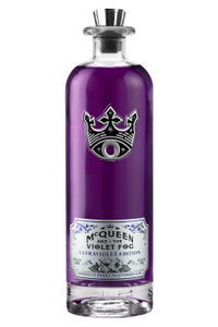 Purple liquor bottle with a crown logo and decorative label.