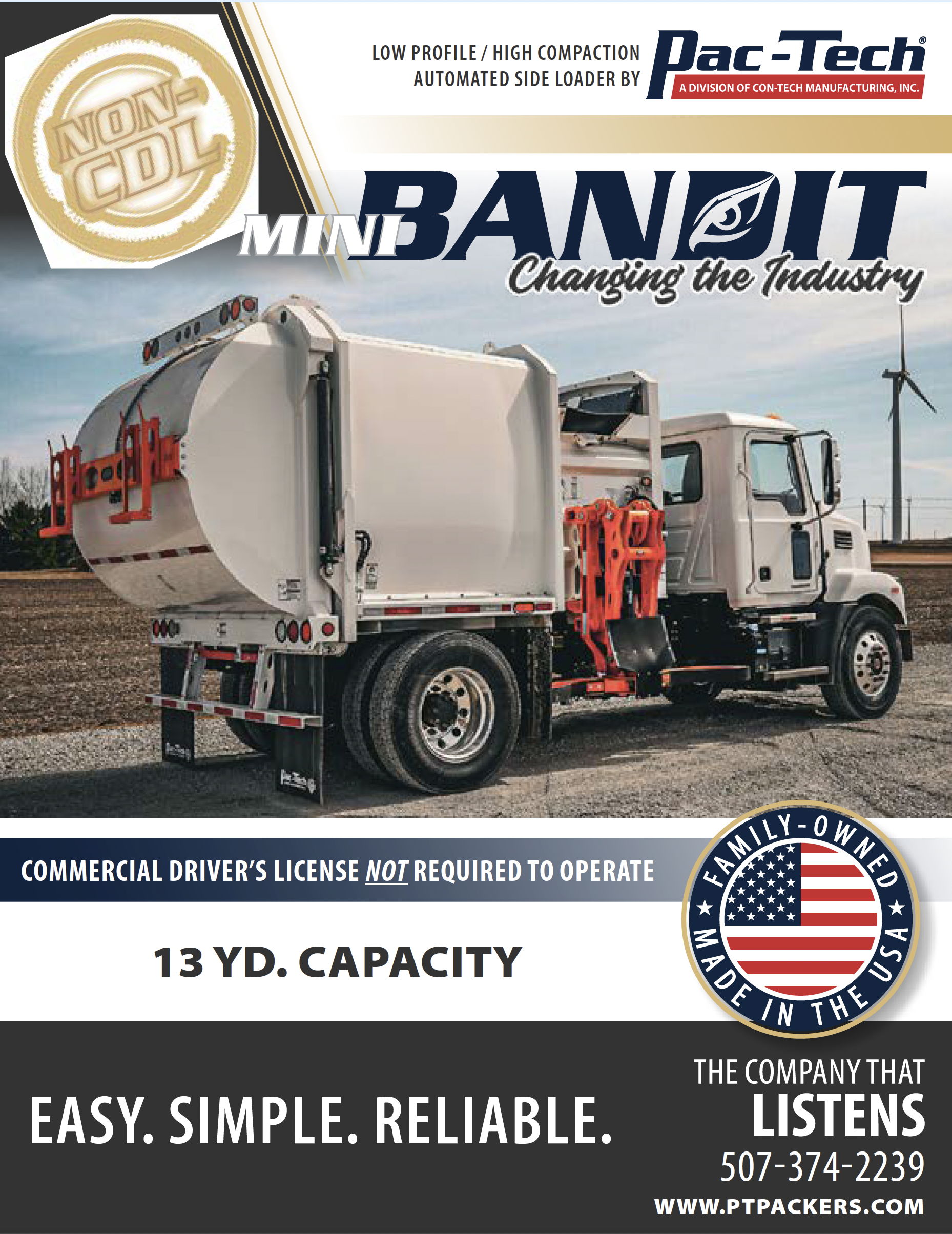 Mini Bandit truck advertisement featuring specifications and company information.