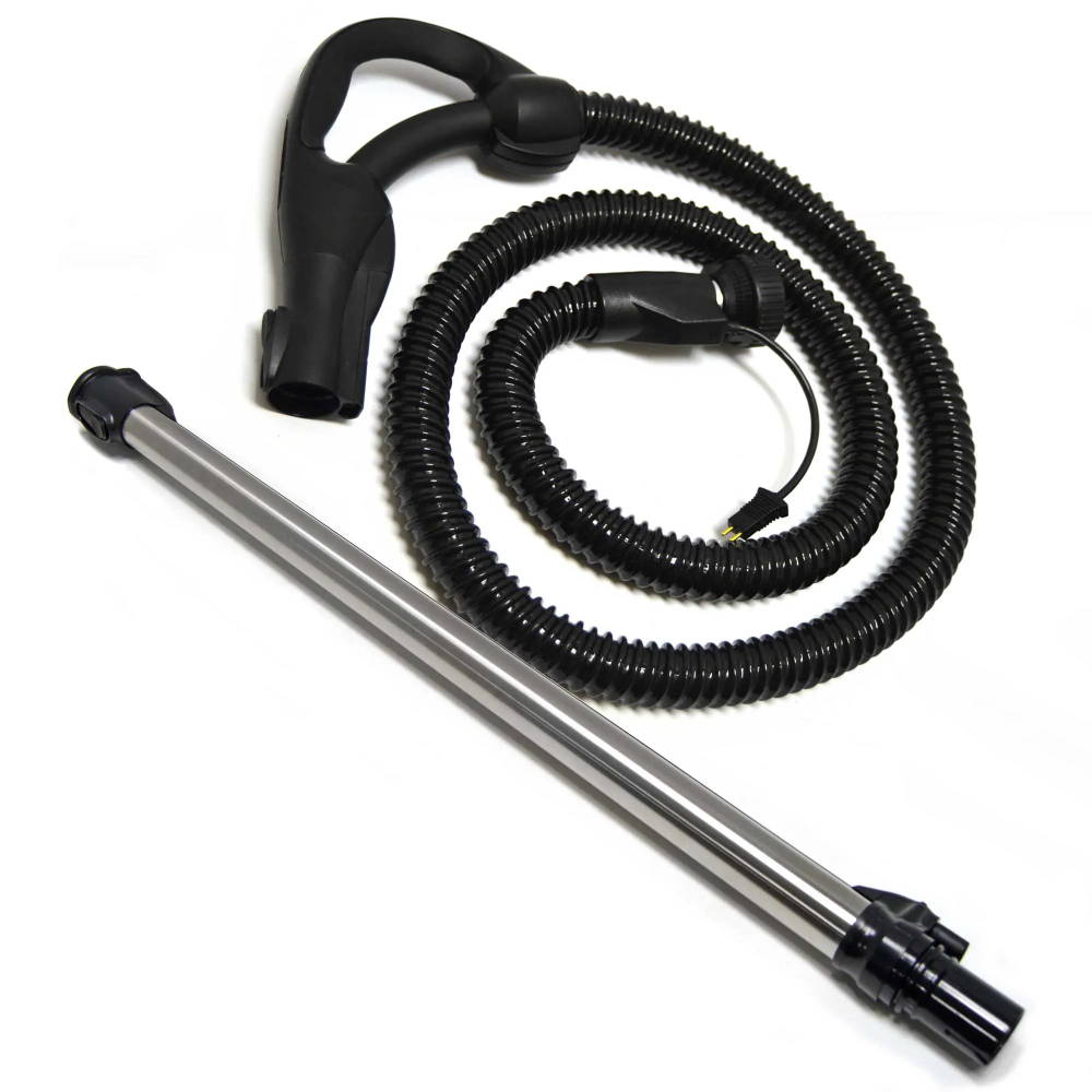 Vacuum cleaner hose and extension wand, black and silver components.