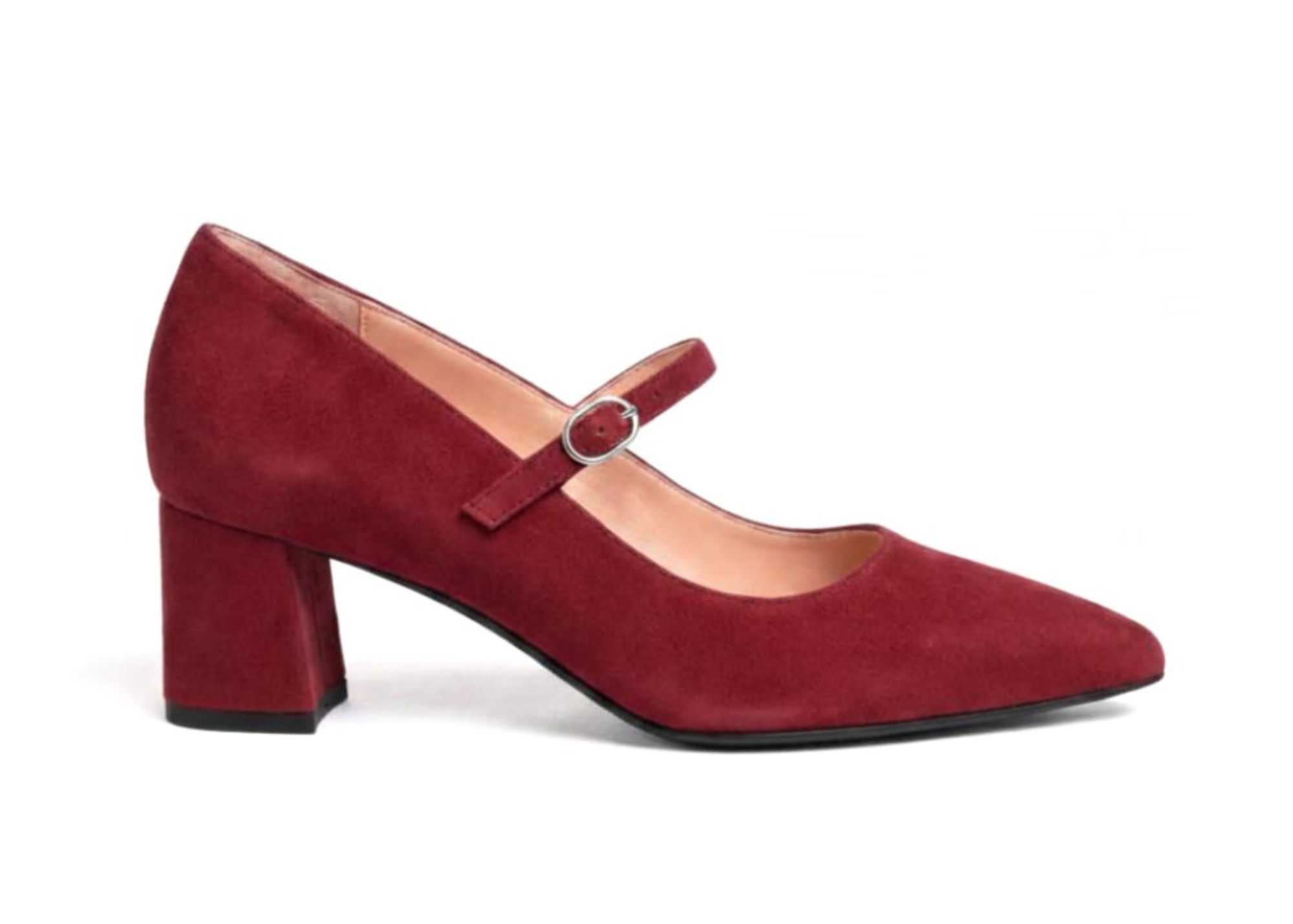 Red suede Mary Jane heels with a chunky heel.