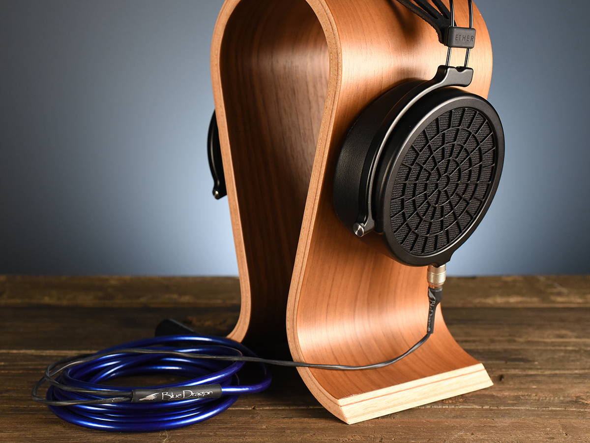ETHER 2 headphone with Blue Dragon Premium Cable on a wood table