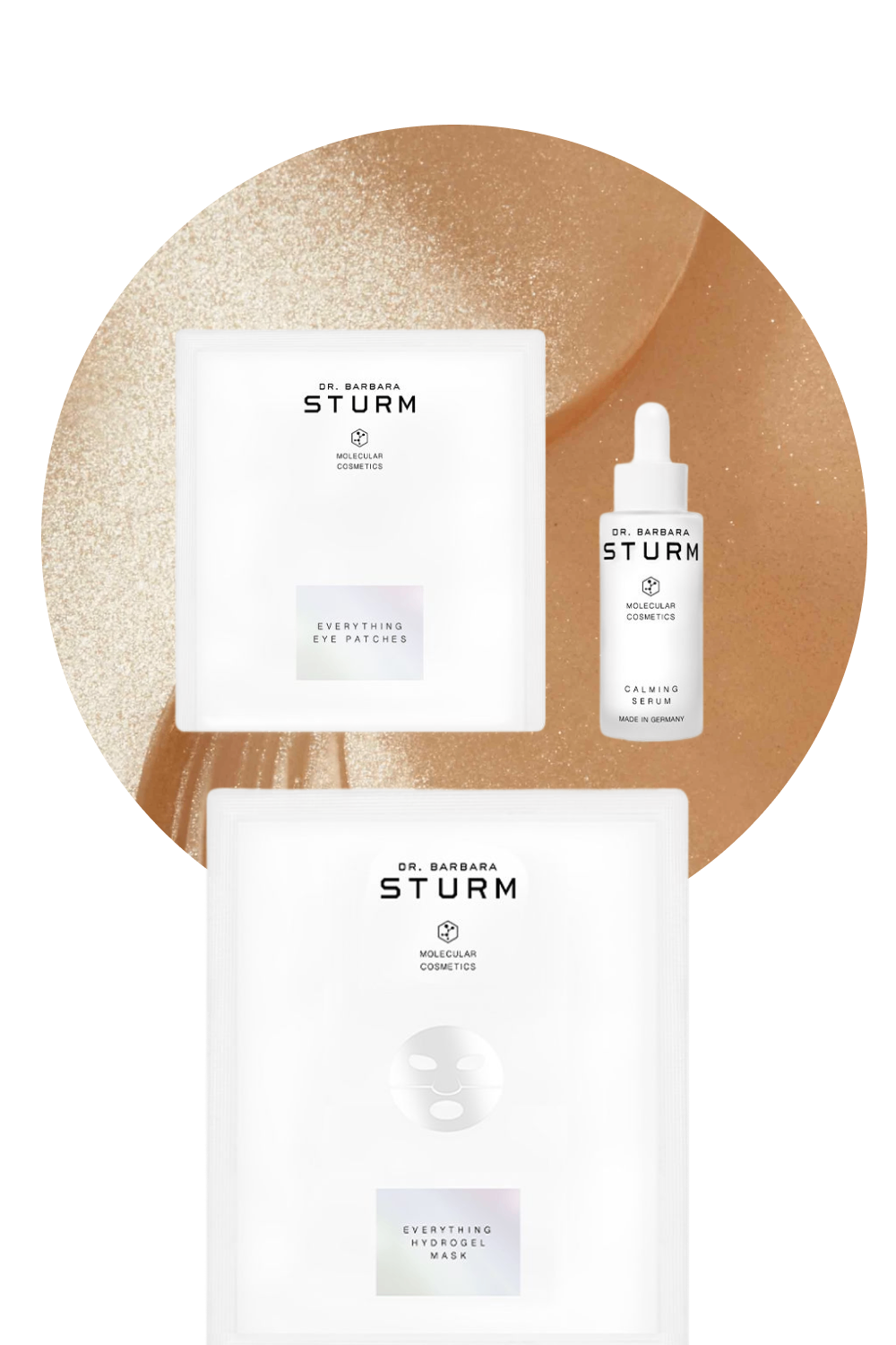 Skincare products including a serum and face masks by Dr. Barbara Sturm.