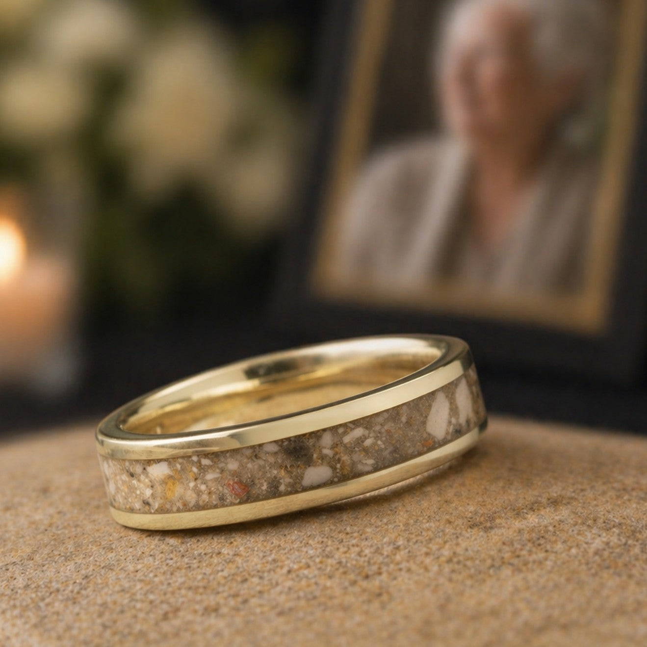 yellow gold memorial ring with ash
