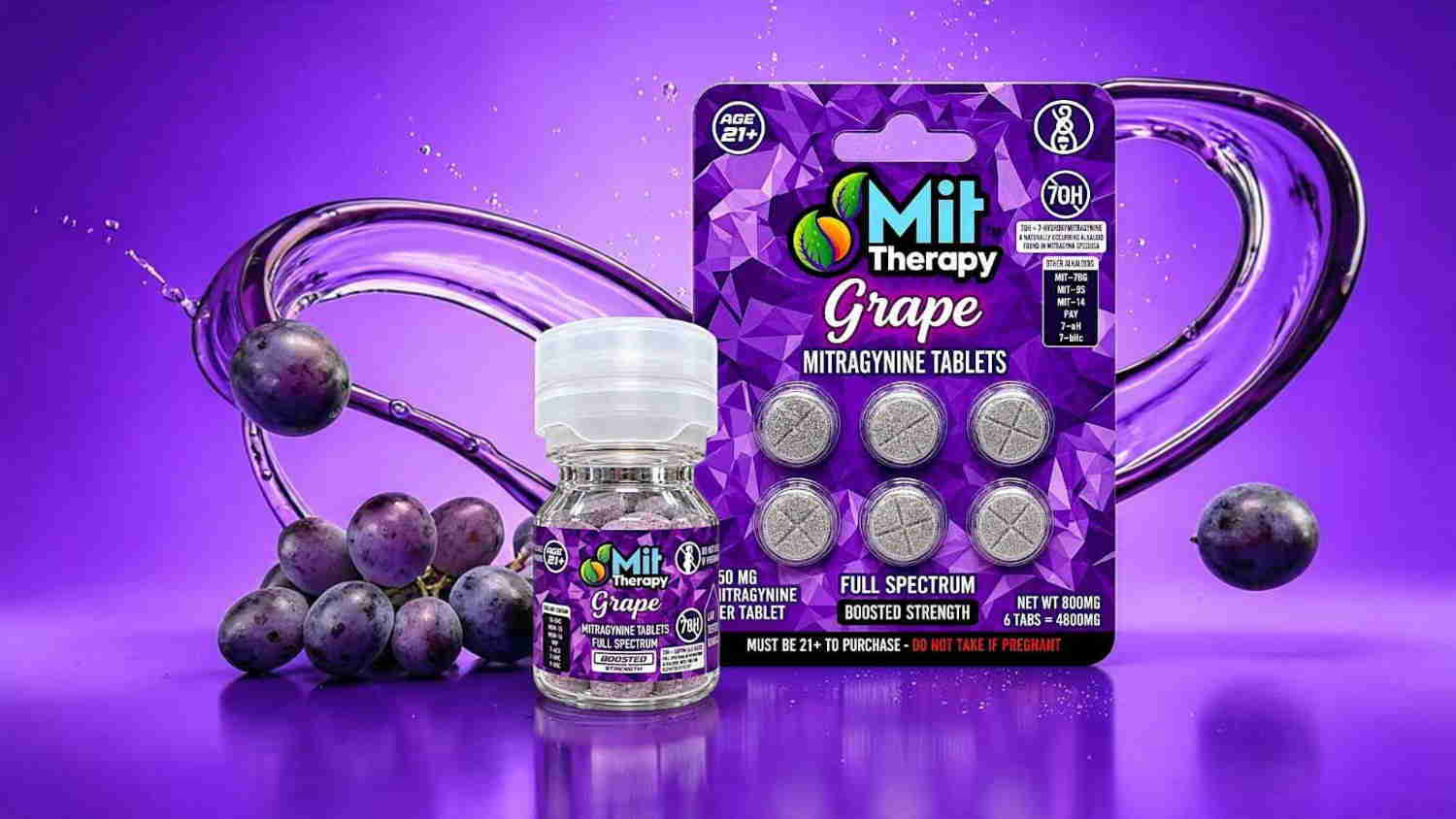 Grape-flavored product bottle and packaging against a purple background.