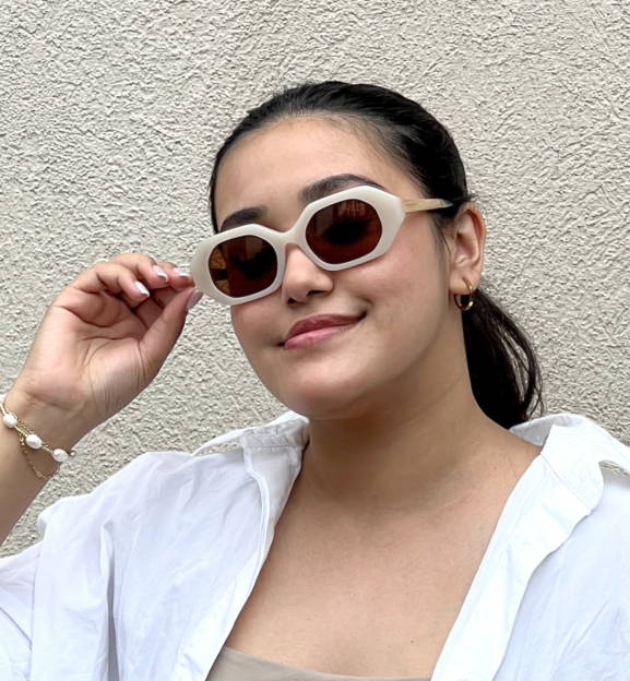 Woman wearing Mia Ivory, Ivory Octagon Geometric Sunglasses