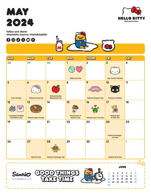 Sanrio Friend of the Month May 2024 Calendar featuring Gudetama.
