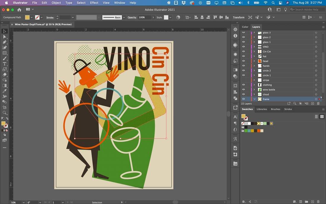 Mid-Century inspired drawing with shapes selected in Adobe Illustrator