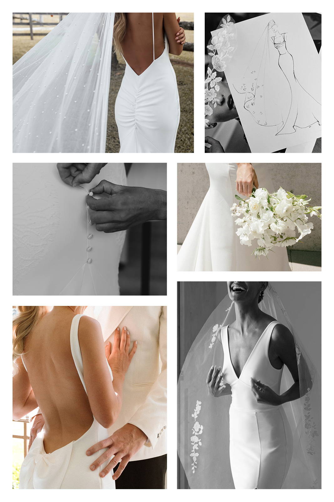 Mood board with stretch crepe gowns