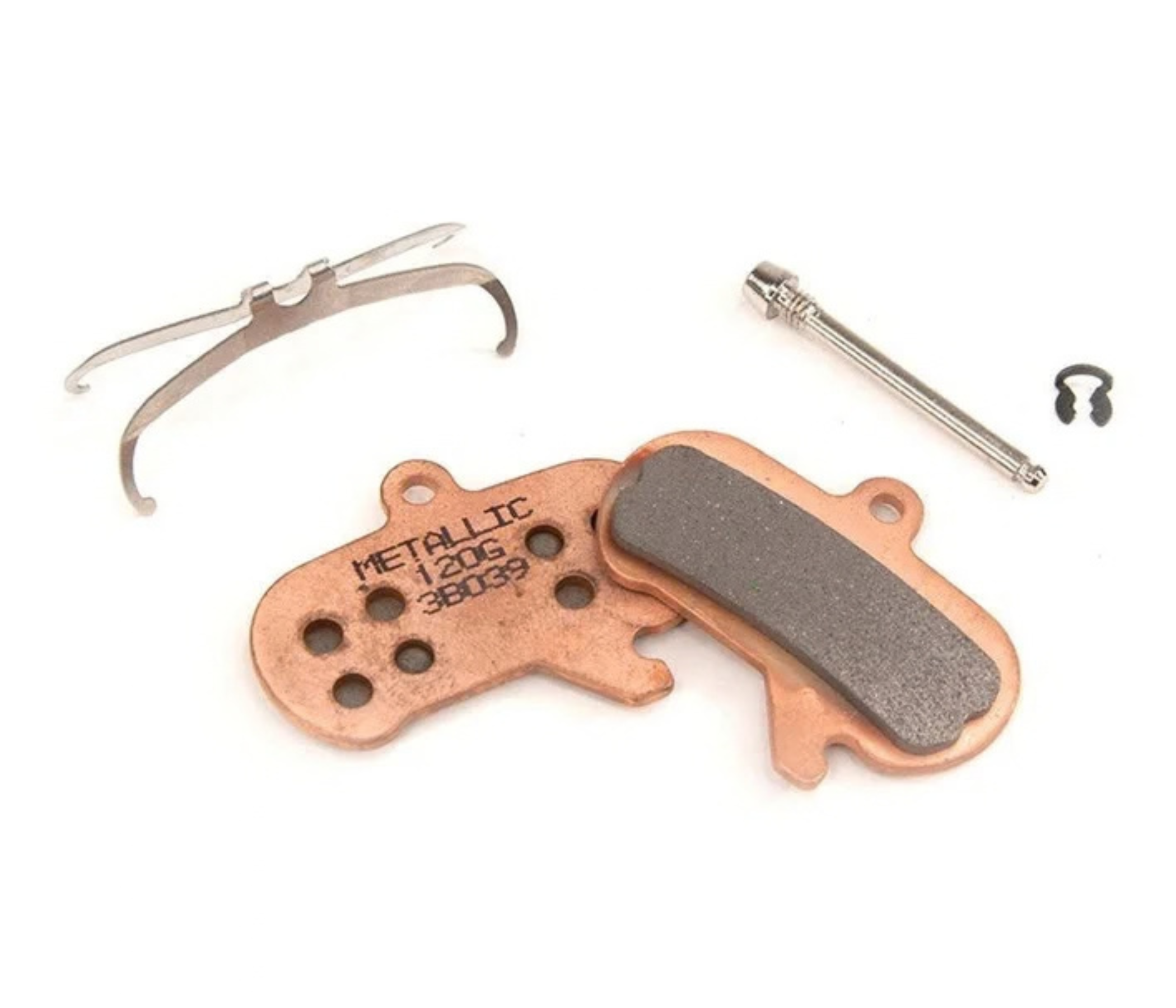 Brake pads and installation hardware components on a white background.