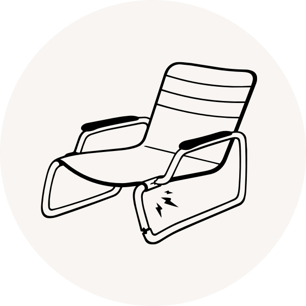 Outdoor chair frame illustration with bent metal and weakened joints, representing thin aluminum frame failure from heat, flexing, and daily use.