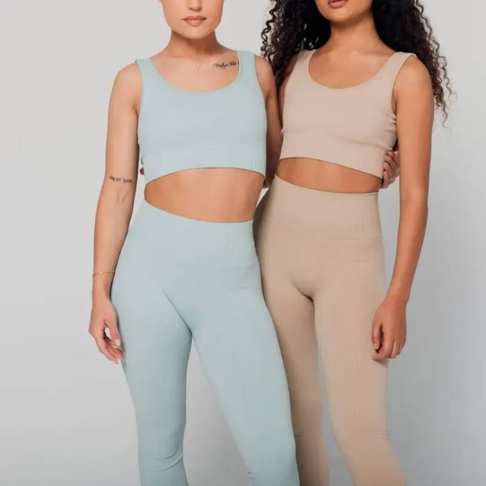 2 female models wearing teal and tan sacre ribbed set