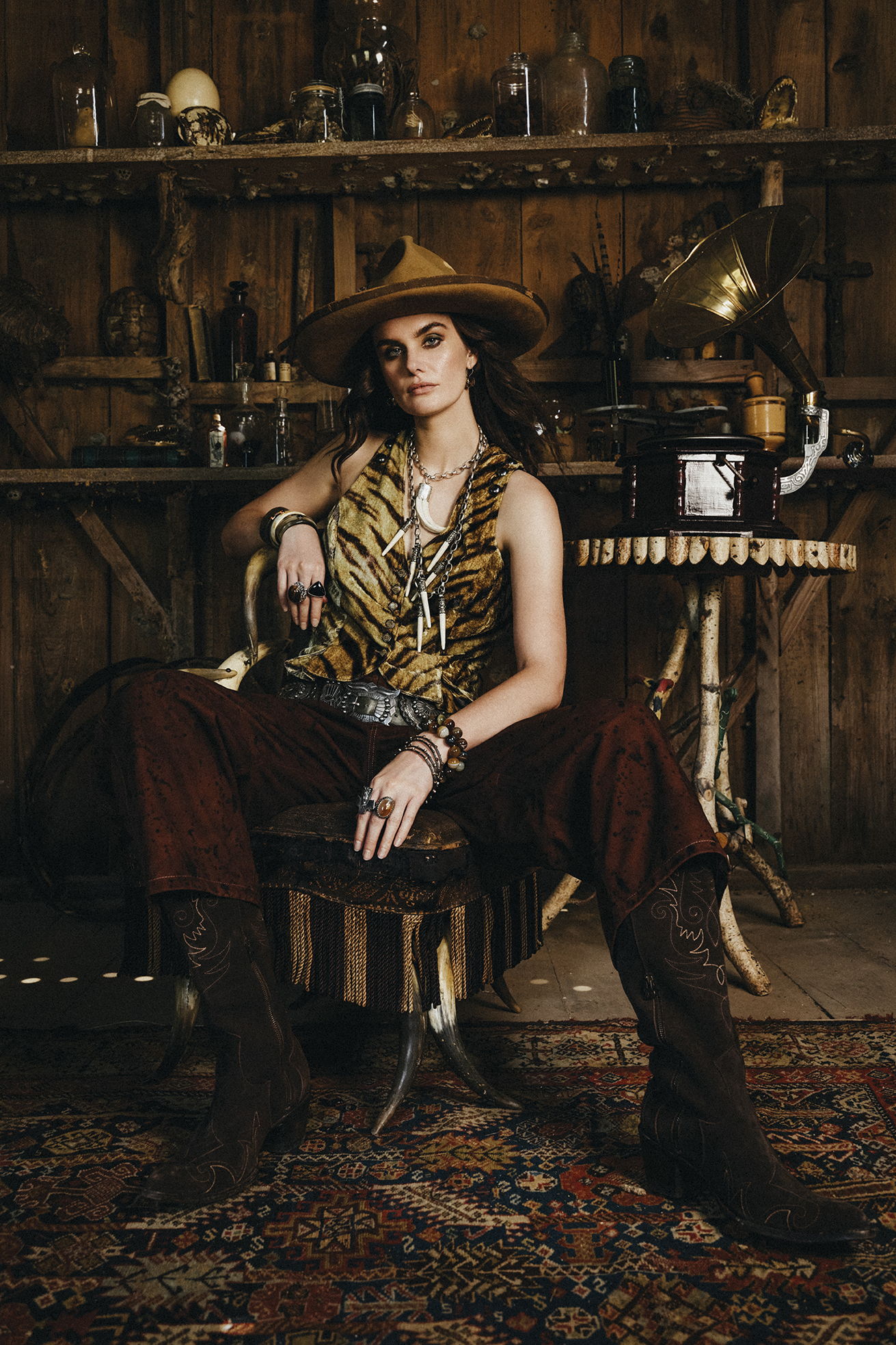 Kaylin wearing the La Muse Sauvage Vest with the Bonnie Barrel pant with Double D Ranch jewelry and accessories. 